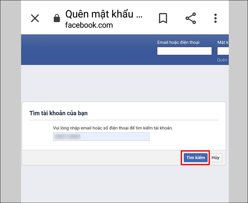 Nhập email hoặc số điện thoại đăng ký tài khoản Facebook